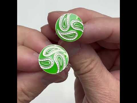 Vibrant green paisley cufflinks with silver detailing — bold, modern accessory for stylish men, handcrafted by JayPins.