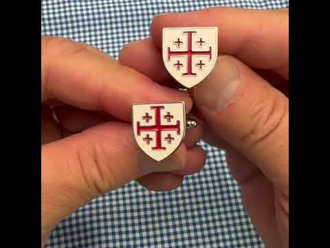 Jerusalem Cross Shield cufflinks in red and white enamel — elegant Christian accessory symbolizing faith and heritage, handcrafted by JayPins.