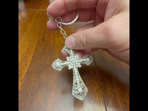 Silver King Cross Keychain with Crystals – Christian Faith Keychain, Religious Gift