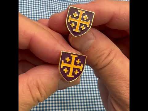 Gold and purple Jerusalem Cross cufflinks — elegant Christian accessory symbolizing faith and tradition, handcrafted by JayPins.