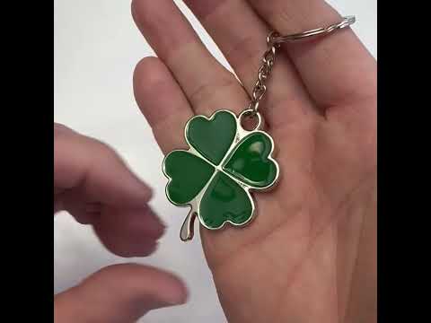 Four-leaf clover keychain in bright green enamel — lucky Irish key ring charm for everyday good fortune by JayPins.
