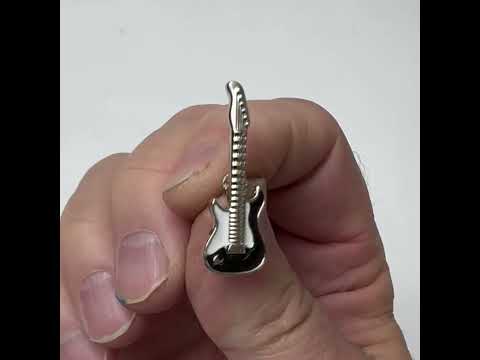 Rock and Roll Guitar Pin Black White Silver Trim Enamel Pin