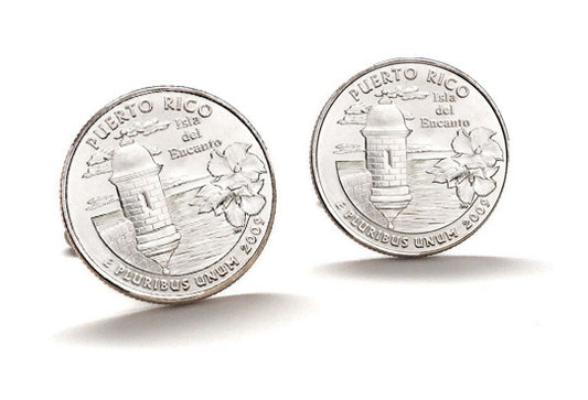 Puerto Rico Coin Cufflinks Uncirculated U.S. Quarter 2009 Cuff Links Enamel Backing Cufflinks
