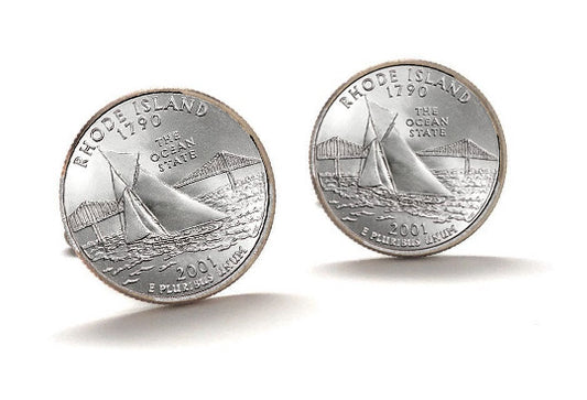 Rhode Island State Quarter Coin Cufflinks Uncirculated U.S. Quarter 2001 Cuff Links Enamel Backing Cufflinks