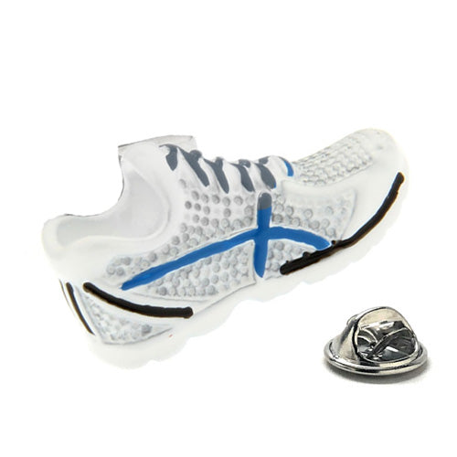 White running shoe lapel pin with blue stripe and silver butterfly clutch backing.