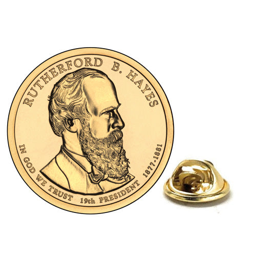 Rutherford Hayes Presidential Dollar Lapel Pin, Uncirculated One Gold Dollar Coin Enamel Pin
