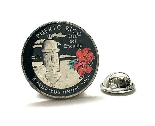 Hand Painted Puerto Rico Coin Lapel Pin Uncirculated U.S. Quarter 2009 Tie Pin