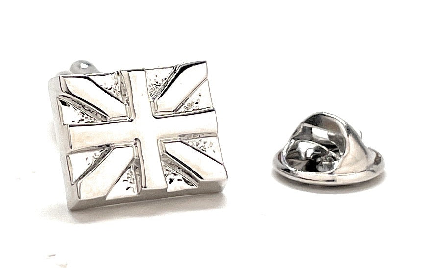 Polished silver Union Jack lapel pin with embossed British flag design and butterfly clutch backing, perfect for showing UK pride or gifting.