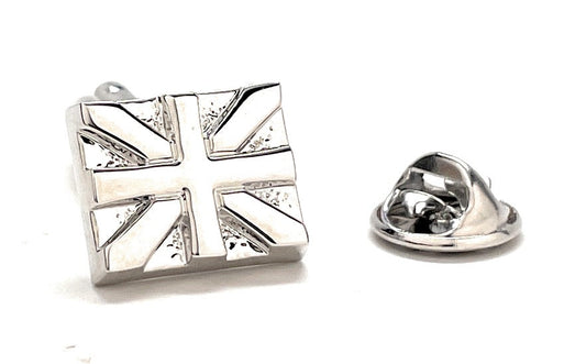 Polished silver Union Jack lapel pin with embossed British flag design and butterfly clutch backing, perfect for showing UK pride or gifting.