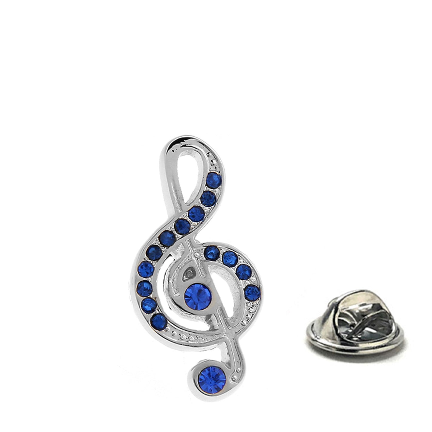 Silver Music Note Lapel Pin with Blue Crystal Accents – elegant treble clef design by JayPins, perfect for musicians and music lovers.