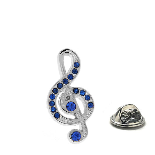Silver Music Note Lapel Pin with Blue Crystal Accents – elegant treble clef design by JayPins, perfect for musicians and music lovers.