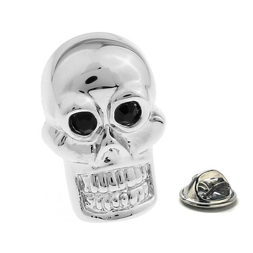 Silver Skull Head Pin Silver Rhodium Platted Black Enamel Pin 3D Design Skeleton Head Cosplay Lapel Pin