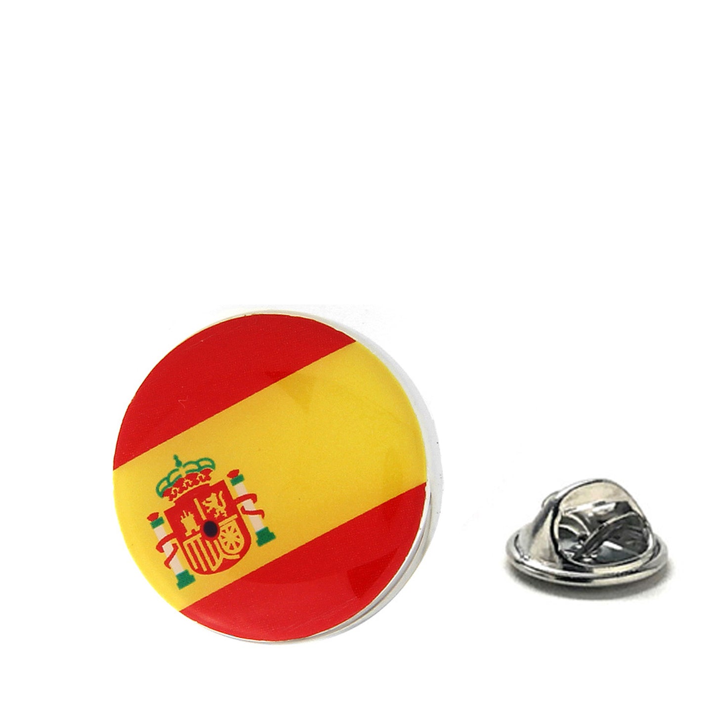 Round Spain flag lapel pin with red and yellow enamel and Spanish coat of arms, perfect for showing Spanish pride or as a travel souvenir.