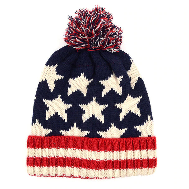 Old School Unisex American Flag Knit Pom Beanie Ski Hats with Stars Red White and Blue