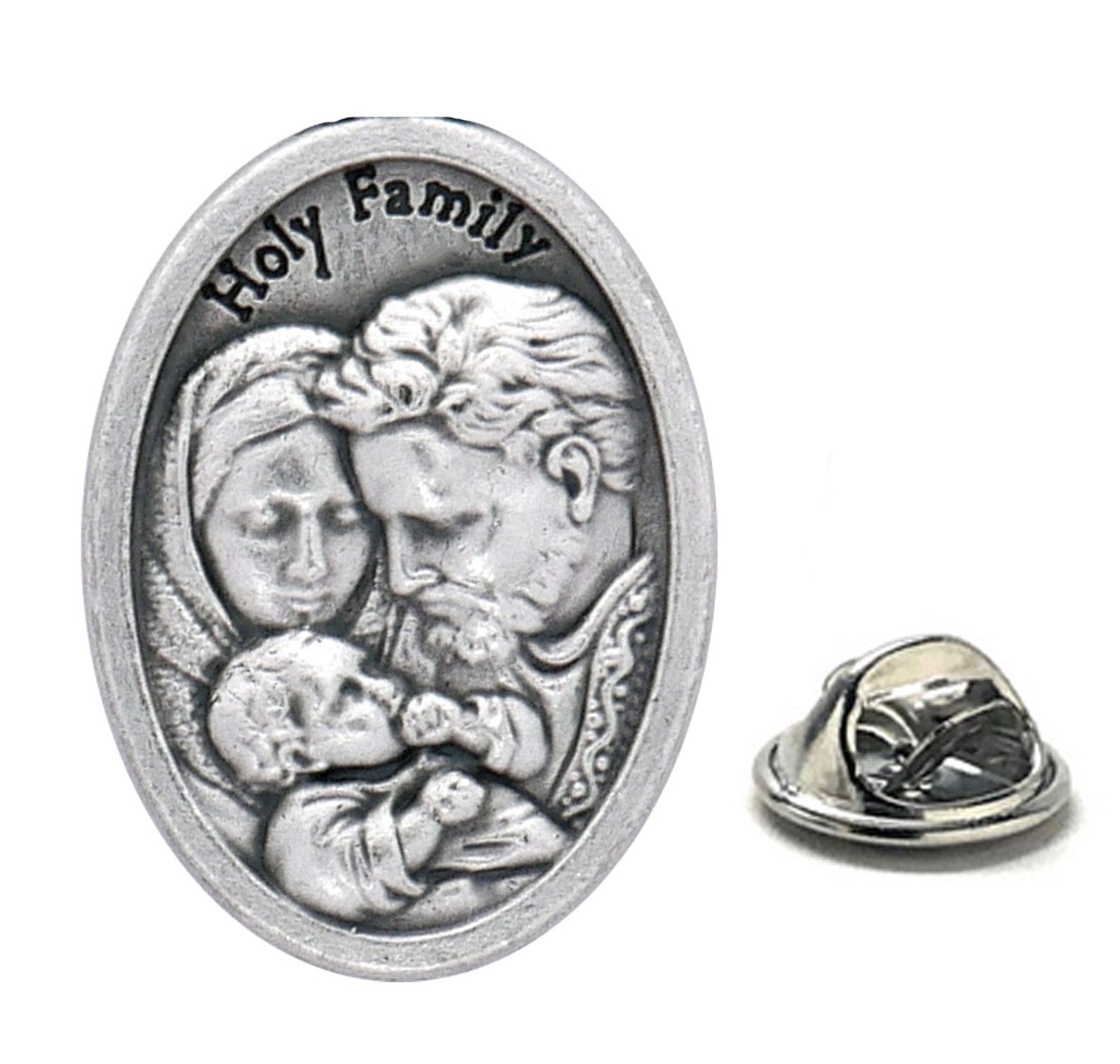 Silver 'Holy Family' medallion on a white background