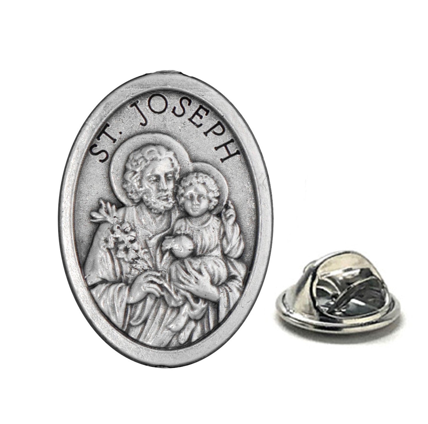 Silver Saint Joseph medallion on a white background