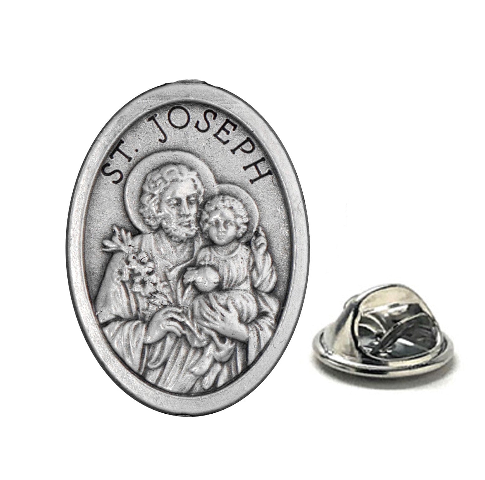 Silver Saint Joseph medallion on a white background