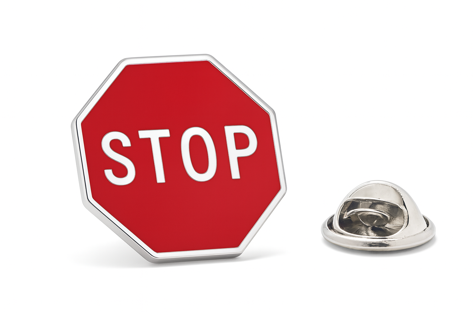 Red stop sign-shaped lapel pin with a metal clasp on a white background