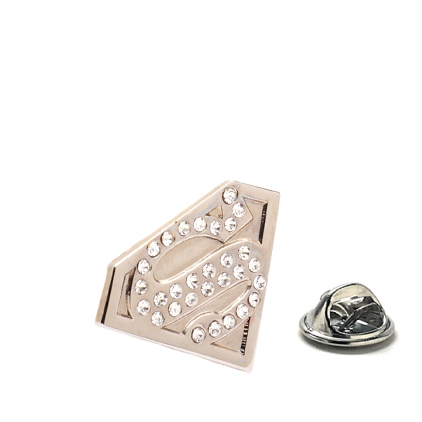 Superman logo pin with rhinestones on a white background