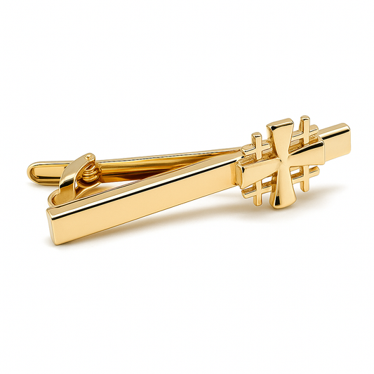 Polished gold Jerusalem Cross tie clip for church weddings and pastors