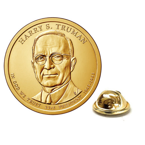 Harry Truman Presidential Dollar Lapel Pin, Uncirculated One Gold Dollar Coin Enamel Pin