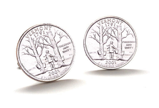 Vermont State Quarter Coin Cufflinks Uncirculated U.S. Quarter 2001 Cuff Links Enamel Backing Cufflinks