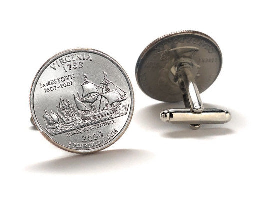 Virginia State Quarter Coin Cufflinks Uncirculated U.S. Quarter 2000 Cuff Links Enamel Backing Cufflinks