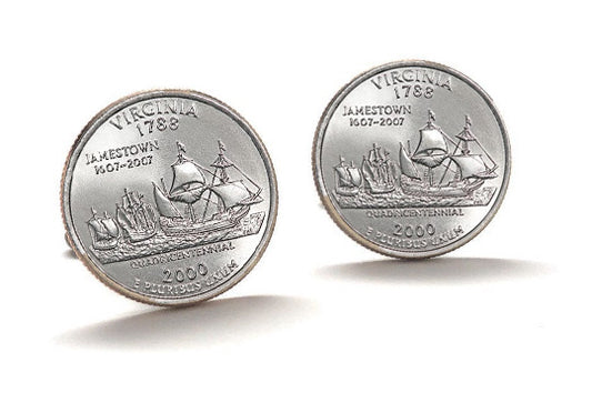 Virginia State Quarter Coin Cufflinks Uncirculated U.S. Quarter 2000 Cuff Links Enamel Backing Cufflinks