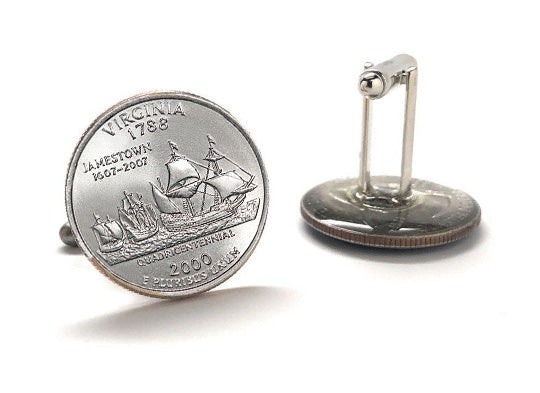 Virginia State Quarter Coin Cufflinks Uncirculated U.S. Quarter 2000 Cuff Links Enamel Backing Cufflinks