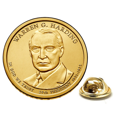 Warren Harding Presidential Dollar Lapel Pin, Uncirculated One Gold Dollar Coin Enamel Pin