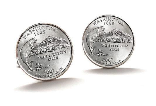 Washington State Quarter Coin Cufflinks Uncirculated U.S. Quarter 2007 Cuff Links Enamel Backing Cufflinks