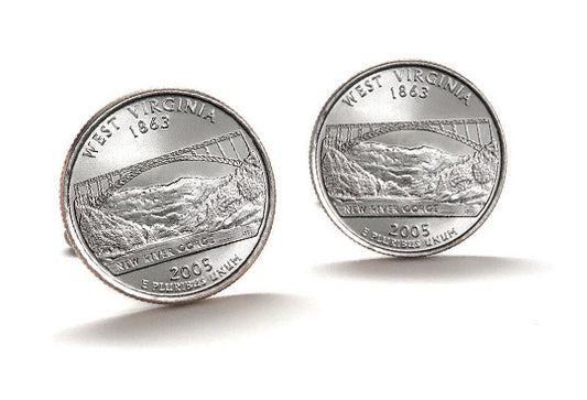 West Virginia State Quarter Coin Cufflinks Uncirculated U.S. Quarter 2005 Cuff Links Enamel Backing Cufflinks