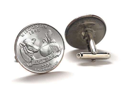 Wisconsin State Quarter Coin Cufflinks Uncirculated U.S. Quarter 2004 Cuff Links Enamel Backing Cufflinks