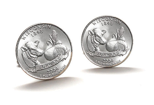 Wisconsin State Quarter Coin Cufflinks Uncirculated U.S. Quarter 2004 Cuff Links Enamel Backing Cufflinks