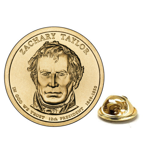 Zachary Taylor Presidential Dollar Lapel Pin, Uncirculated One Gold Dollar Coin Enamel Pin