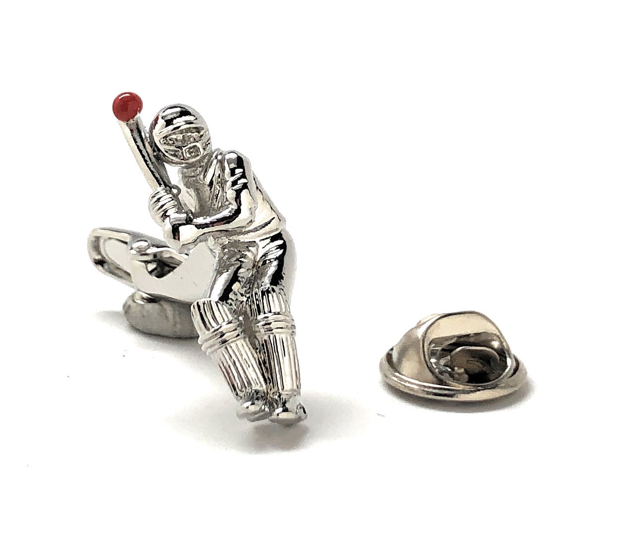 Cricket Player Pin Silver with Red Enamel Pin